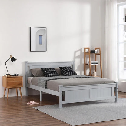 Solid Wood Bed Frame with Geometric Pattern Headboard – Available in Queen, Full, and Twin Sizes, Grey Finish, Easy Assembly, No Box Spring Needed