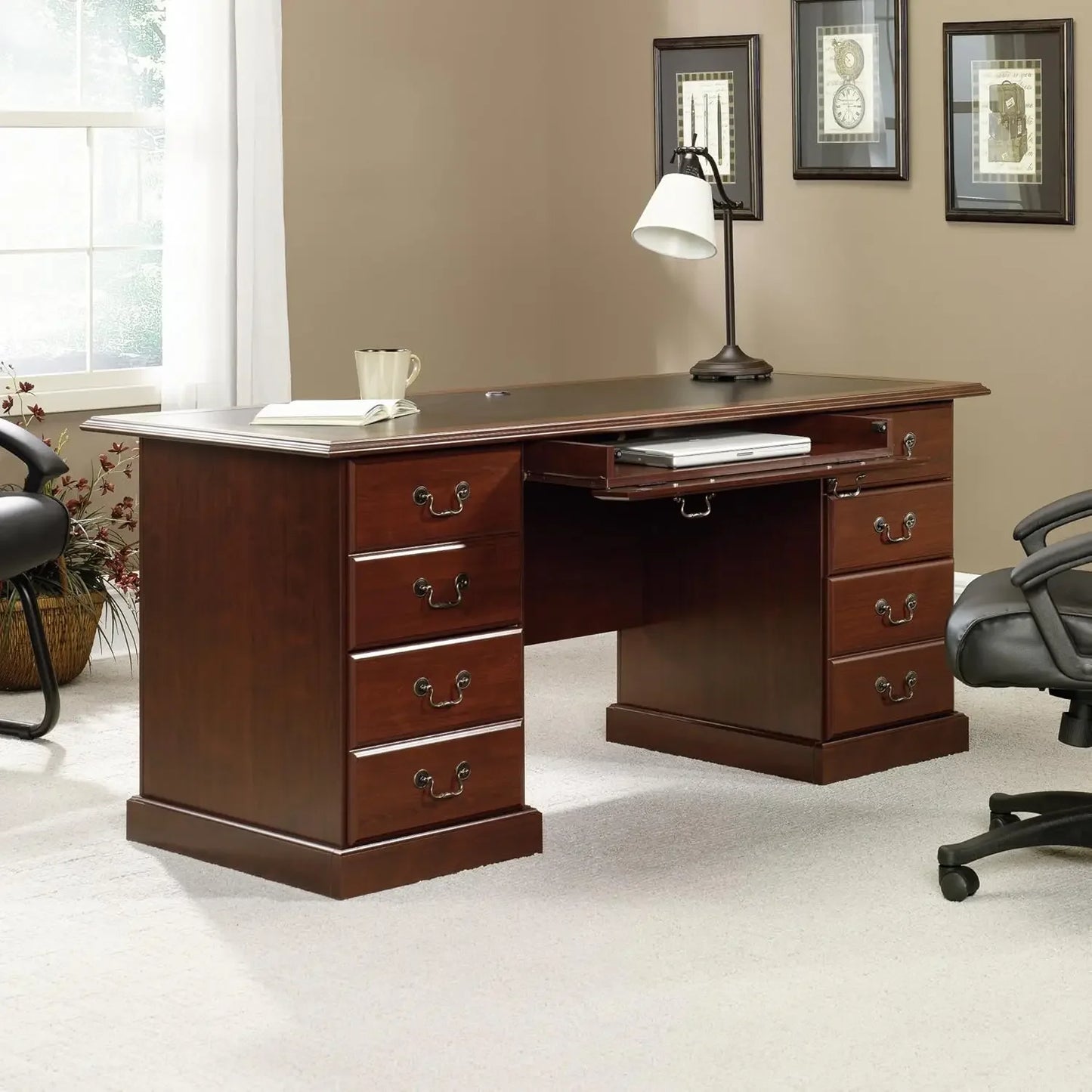 Classic Cherry Executive Desk - Solid Wood with 5 Drawers, Soft-Close, and Locking Features