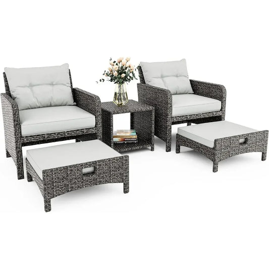 5-Piece Wicker Patio Furniture Set – 2 Chairs, 2 Ottomans, and Coffee Table, Space-Saving Design with Cushions, Outdoor Garden Set