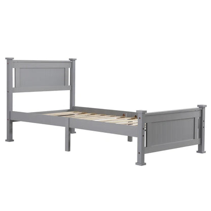 Solid Wood Bed Frame with Geometric Pattern Headboard – Available in Queen, Full, and Twin Sizes, Grey Finish, Easy Assembly, No Box Spring Needed