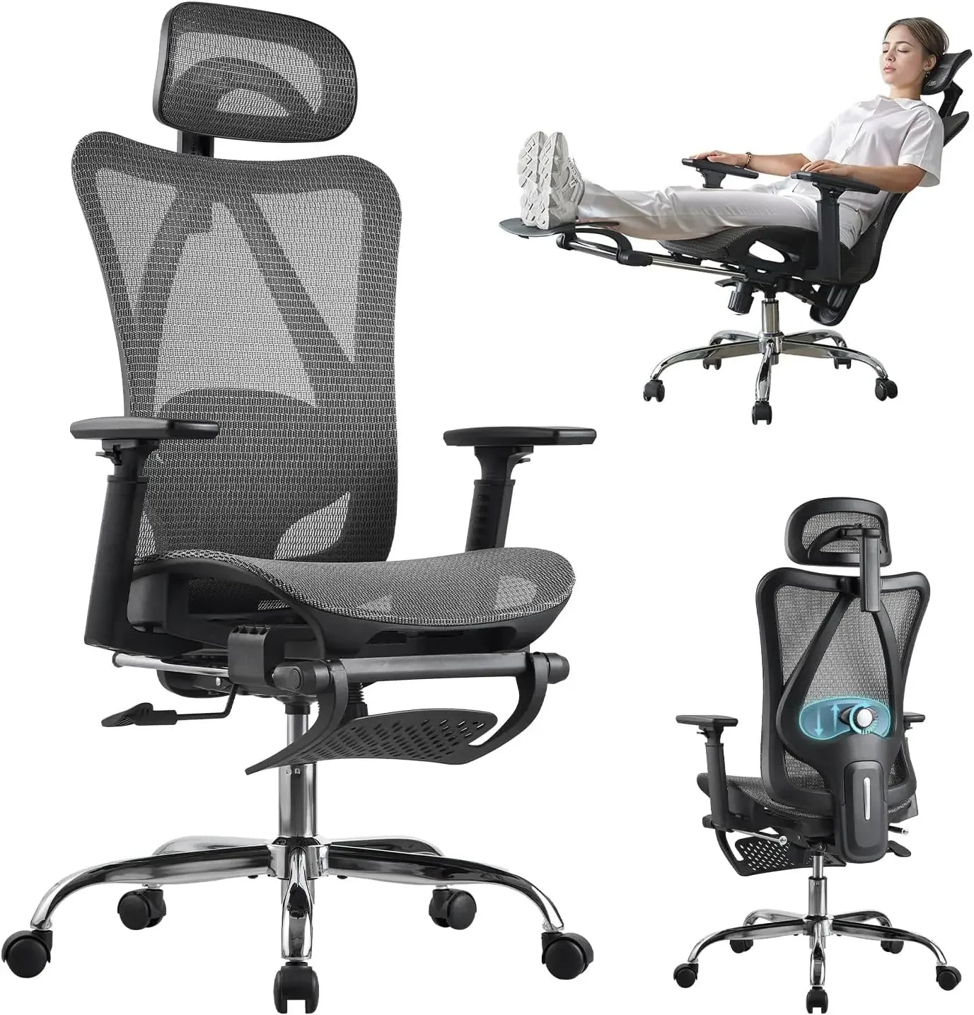 Ergonomic Office Chair with Adjustable Lumbar Support, Retractable Footrest, and 400 LBS Capacity (Black and Grey)