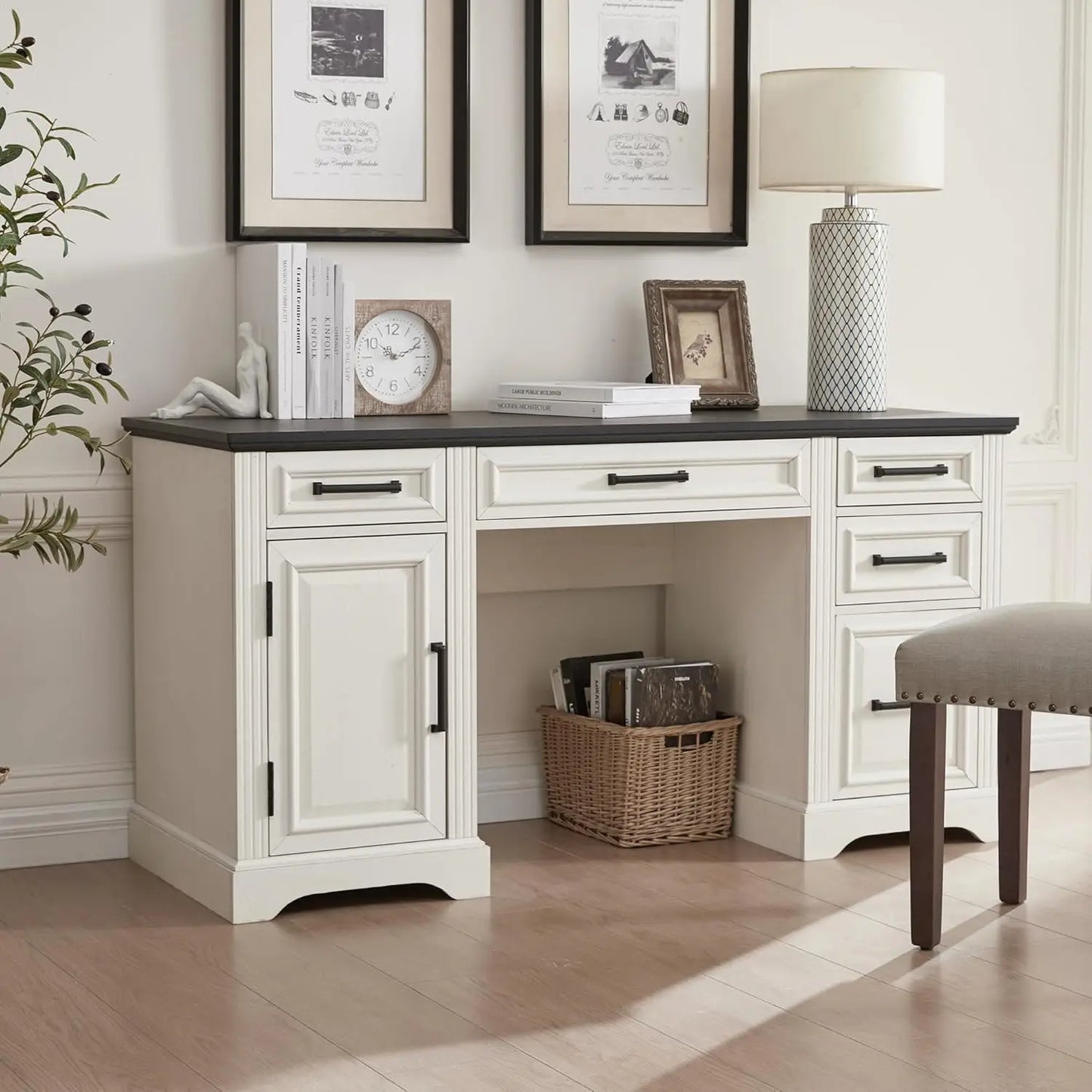 58" Farmhouse Executive Desk – Home Office Desk with 5 Drawers, Cabinet, and Embossed Texture, Off White