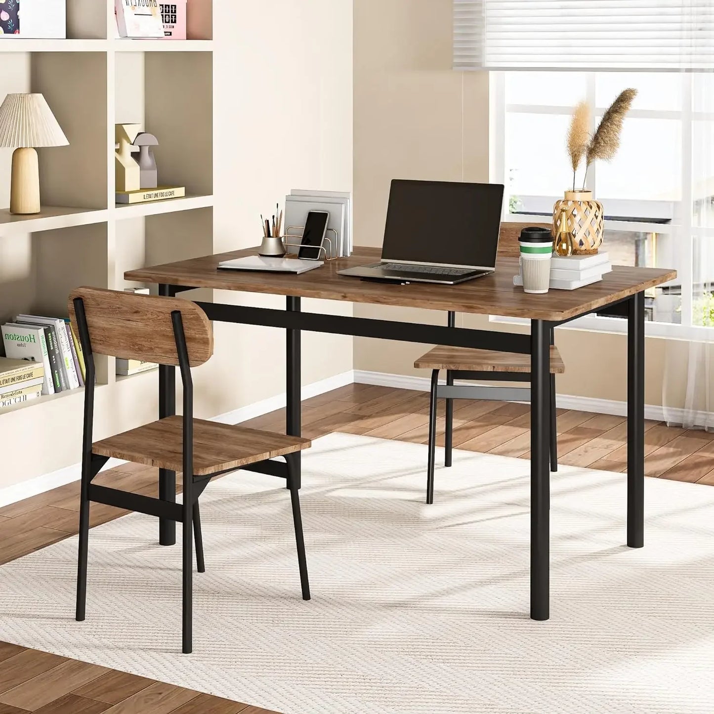 Kitchen Dining Table Set for 4, Modern Rectangular 5 Piece Dining Room Table and Chairs Set, Brown wooden Metal Table Set
