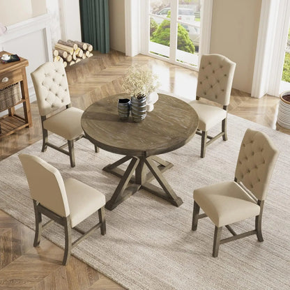 5-Piece Modern Retro Extendable Round Dining Table Set with 4 Upholstered Chairs