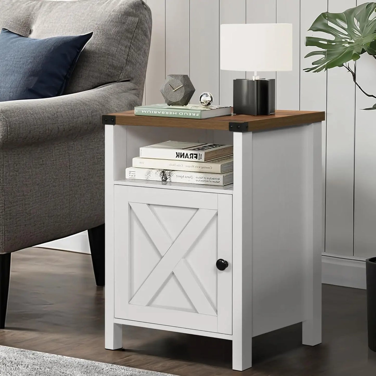 Farmhouse End Table, Set of 2, Rustic Night Stand with Barn Door and Storage Shelf, White End Table Side Table