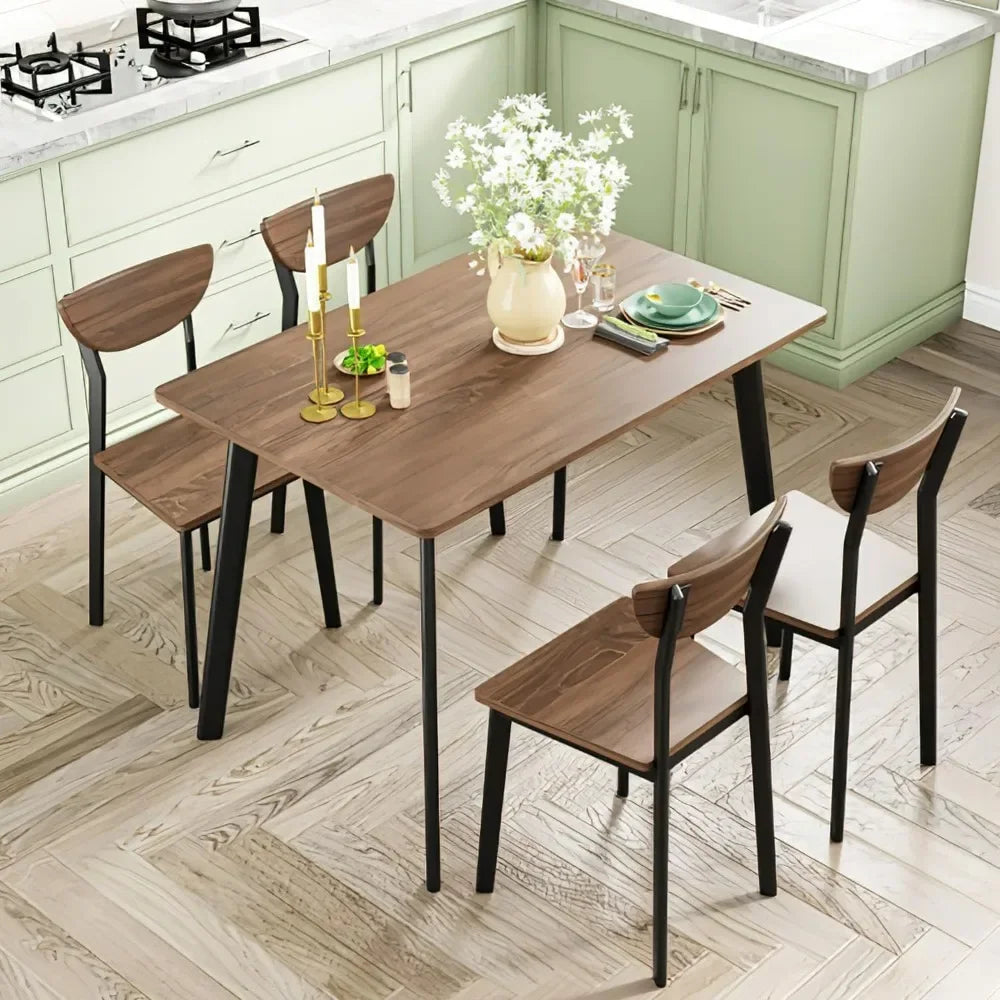 Kitchen Dining Table Set for 4, Modern Rectangular 5 Piece Dining Room Table and Chairs Set, Brown wooden Metal Table Set