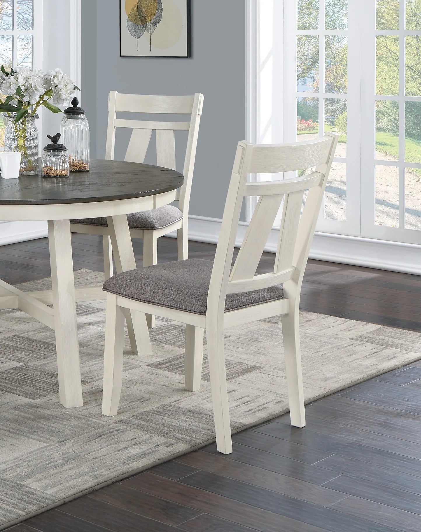 Formal Classic Dining Table and 4 Chair Set with Wooden Table Top and Gray Upholstered Cushions