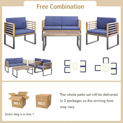 4-Piece Outdoor Patio Set – Acacia Wood Loveseat, Armchairs, and Coffee Table with Cushions, Modern Garden Furniture