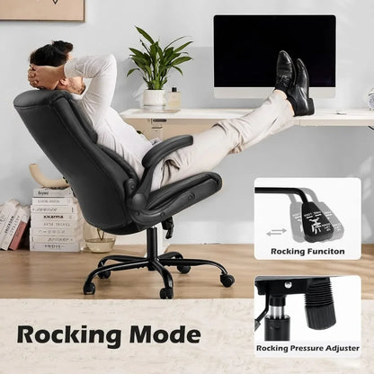 Ergonomic Executive Office Chair with Flip-Up Armrests, High-Back PU Leather Chair for Home and Office