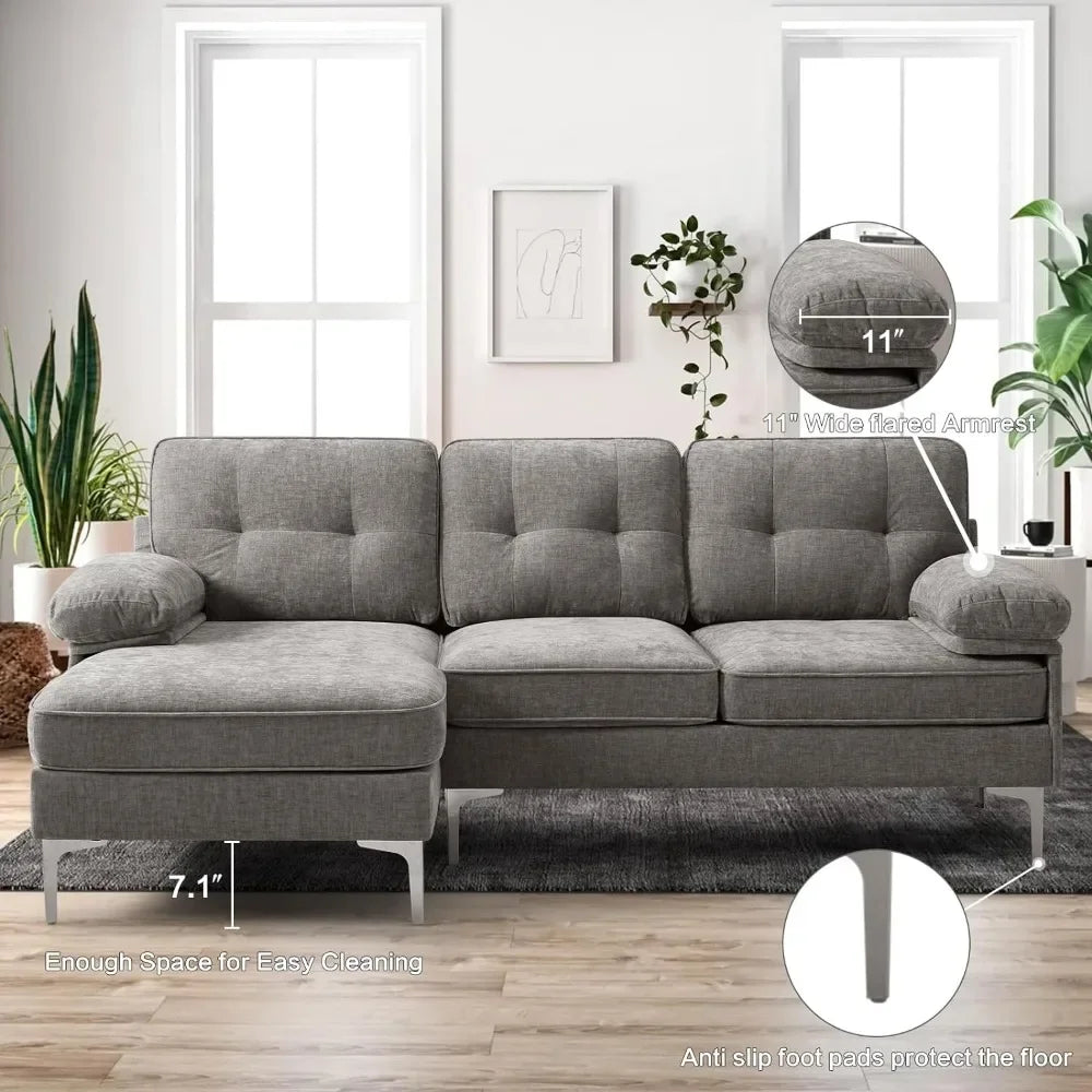 82" Reversible L-Shaped Sectional Sofa – Comfortable Modern 3-Seater Couch with Chaise Lounge, Chenille Fabric, and Easy Assembly