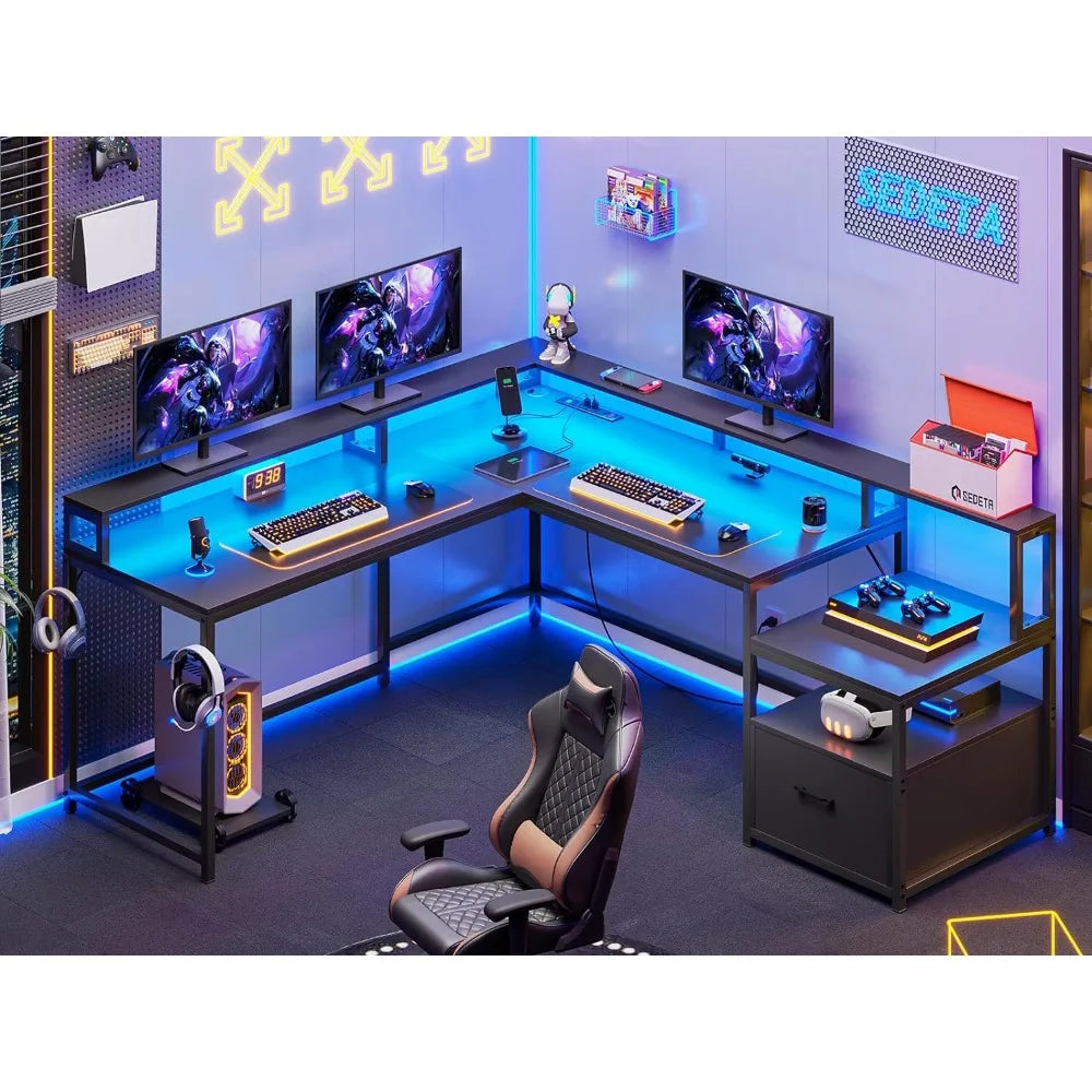 Modern L-Shaped Office Desk with LED Lights, Storage Shelves, File Drawer & Power Outlet (Black)