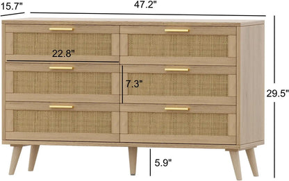 6 Drawer Double Dresser for Bedroom, Rattan Chest of Dressers, Modern Wooden Dresser Chest ,  Living Room and Entryway, Natural