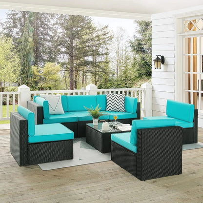 7-Piece Outdoor Patio Furniture Set – PE Rattan Sofa Set with Glass-Top Coffee Table, Cushioned Seating for 6+