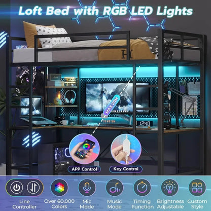 Twin Loft Bed with Desk and Outlets - Space-Saving Design with LED Lights