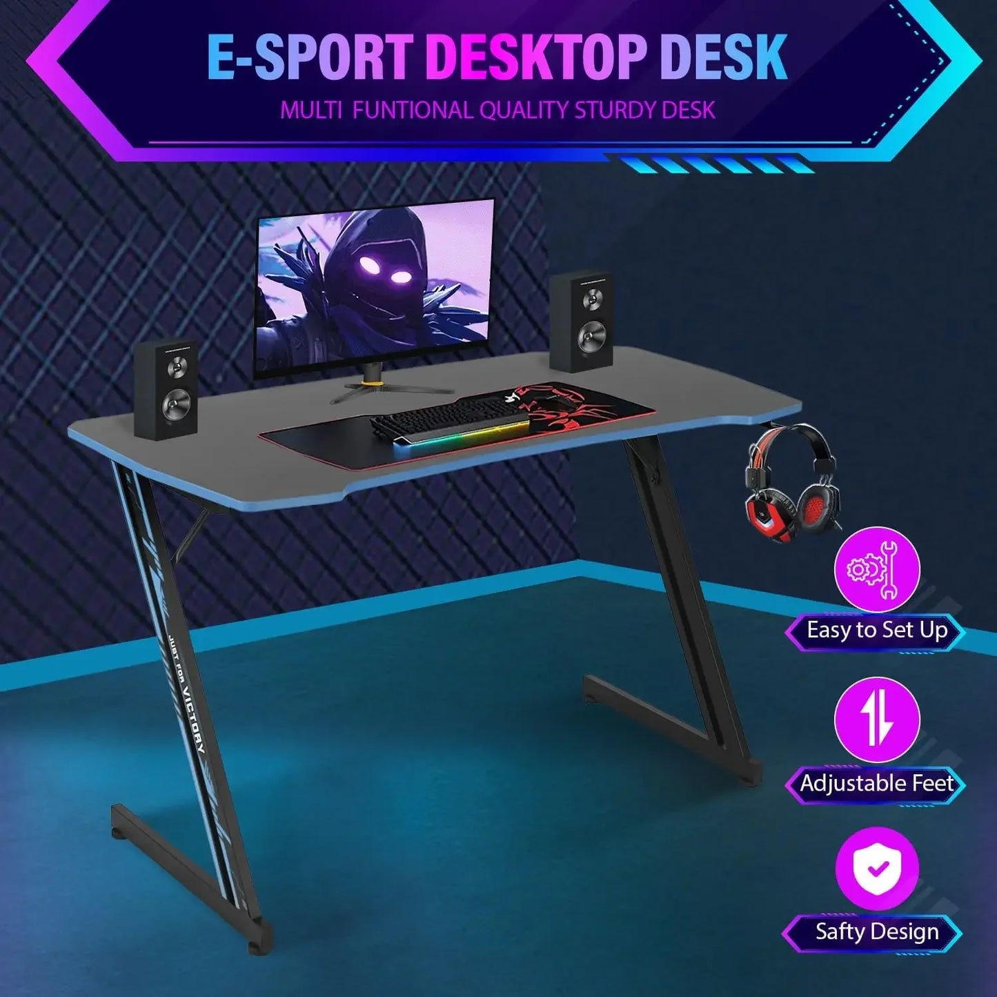 Z-Shaped Computer Desk – Adjustable Office Desk with Storage Shelves, Cable Management, and Built-in Headphone Hook, Modern Alloy Steel Frame