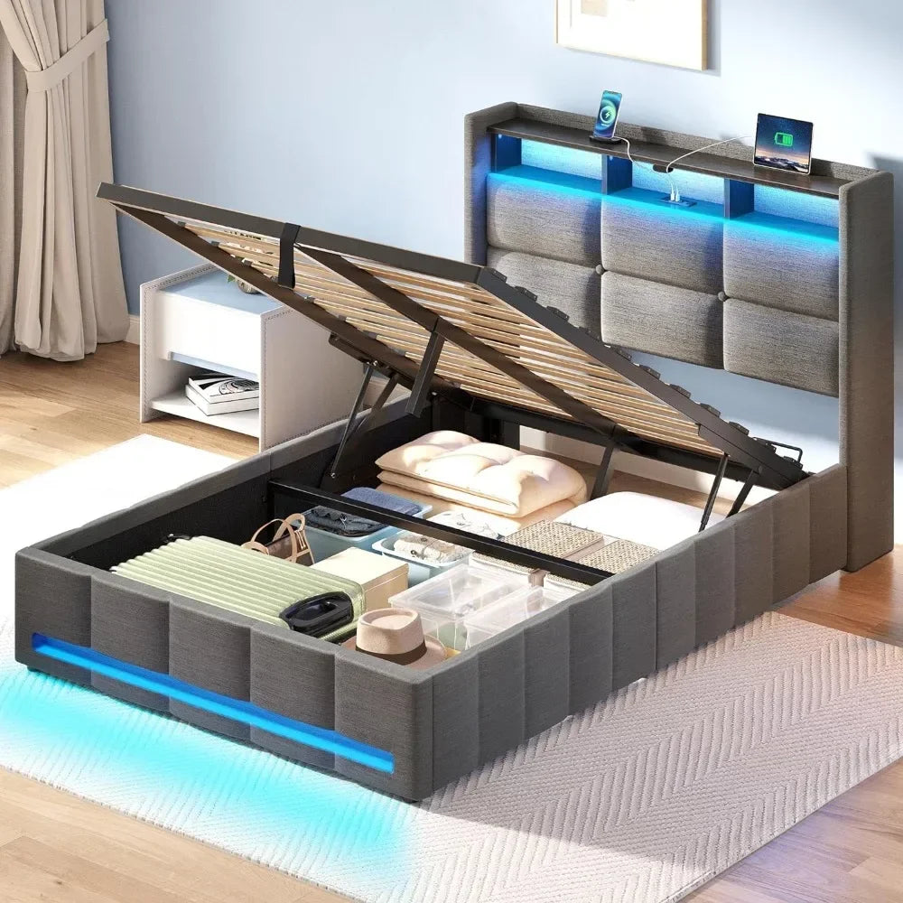 Full-Size Metal Platform Bed with Storage - LED Lights and USB Charging Station