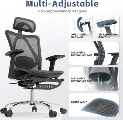 Ergonomic Office Chair with Adjustable Lumbar Support, Retractable Footrest, and 400 LBS Capacity (Black and Grey)