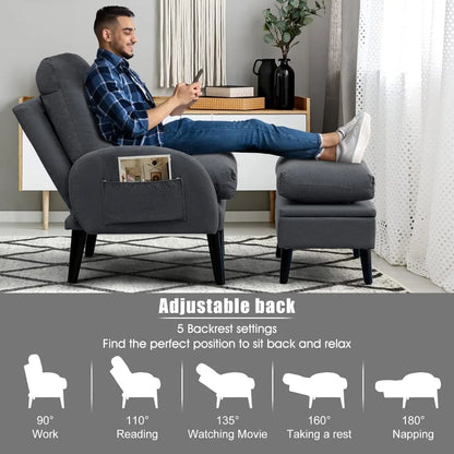 Grey Wingback Accent Chair with Ottoman, 5-Position Adjustable Backrest, Storage Ottoman, Solid Wood Frame, Modern Lounge Chair for Living Room, Office, or Bedroom