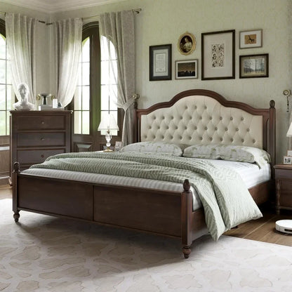 Transitional Solid Wood Bed Frame with Tufted Headboard - Full Size