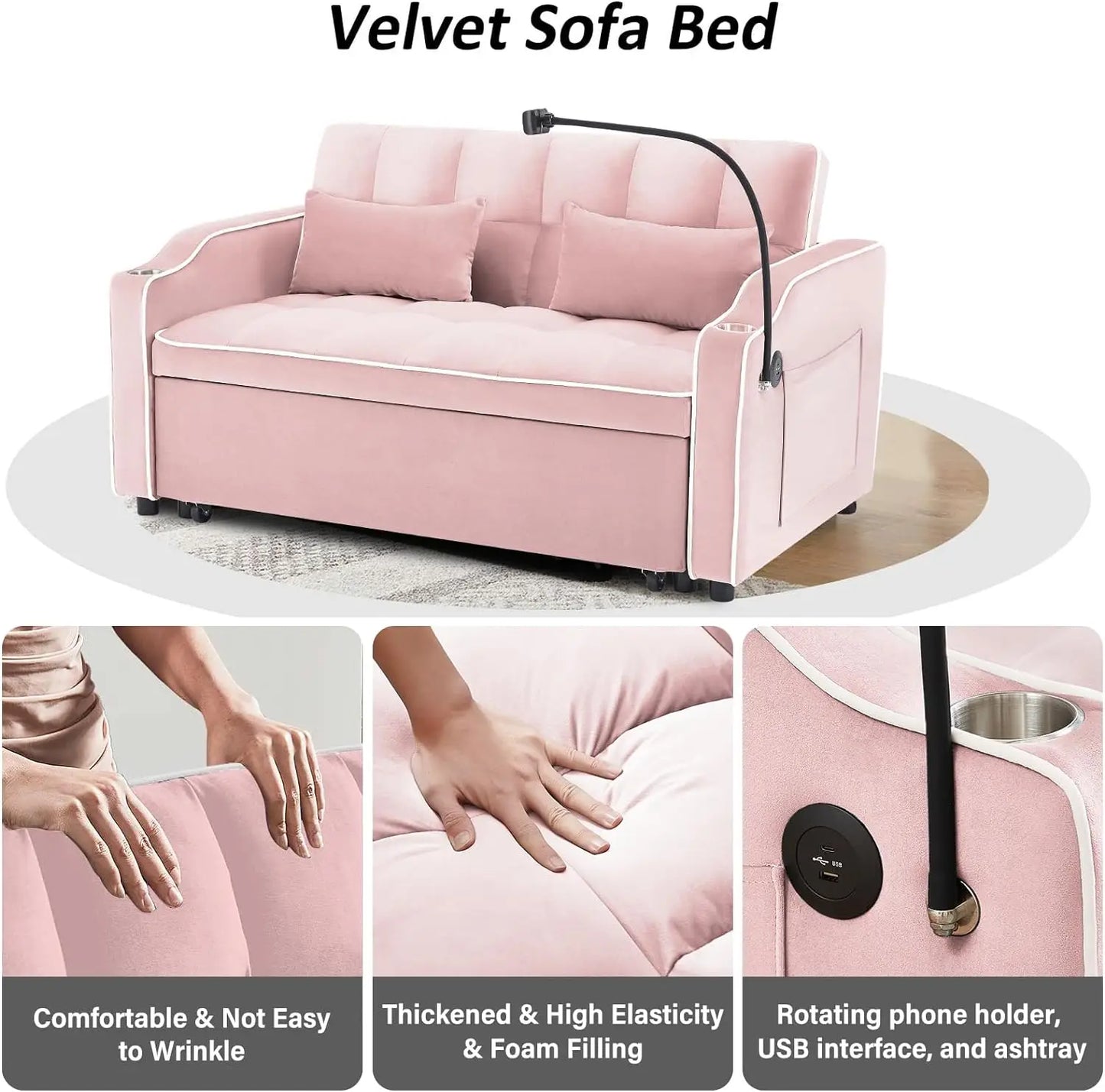 3-in-1 Velvet Sleeper Sofa – Convertible Loveseat with Pull-Out Bed, USB Port, and Ashtray