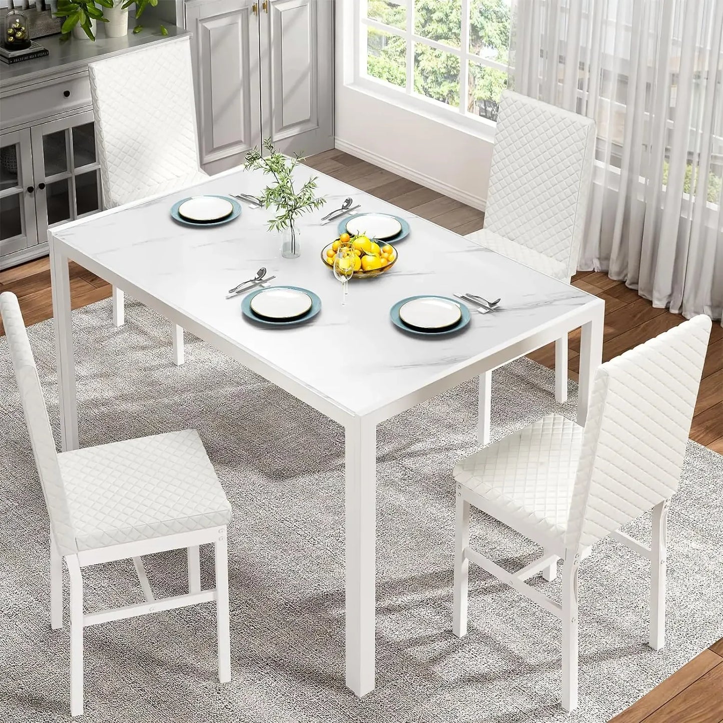 Kitchen Dining Table Set for 4, Modern Rectangular 5 Piece Dining Room Table and Chairs Set, Brown wooden Metal Table Set