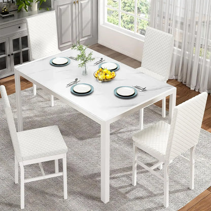 Kitchen Dining Table Set for 4, Modern Rectangular 5 Piece Dining Room Table and Chairs Set, Brown wooden Metal Table Set