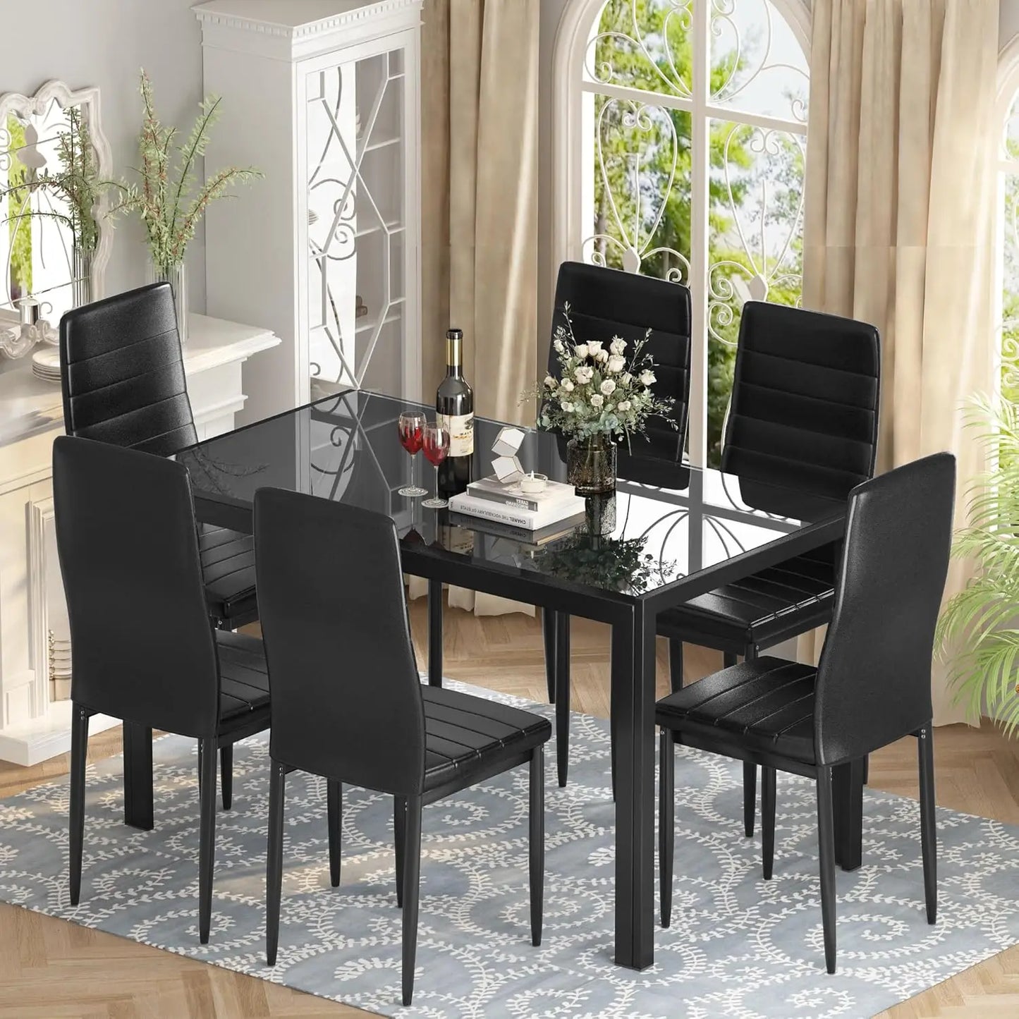 7-Piece Modern Dining Table Set – Rectangular Faux Marble Table with 4 PU Leather Chairs, Space-Saving Design