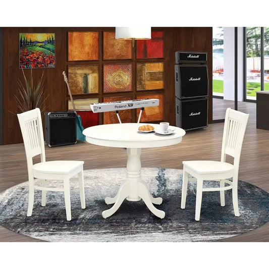 3-Piece Dining Room Set – Round Pedestal Table and 2 Wooden Chairs, 36"x36", Linen White