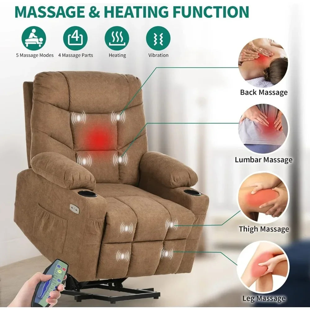 Power Lift Recliner Chair with Vibrational Massage, Lumbar Heating, and USB Ports for Elderly and Adults