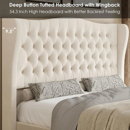 Velvet Upholstered Bed Frame with Wingback Headboard - Available in Full, Queen, and King Sizes