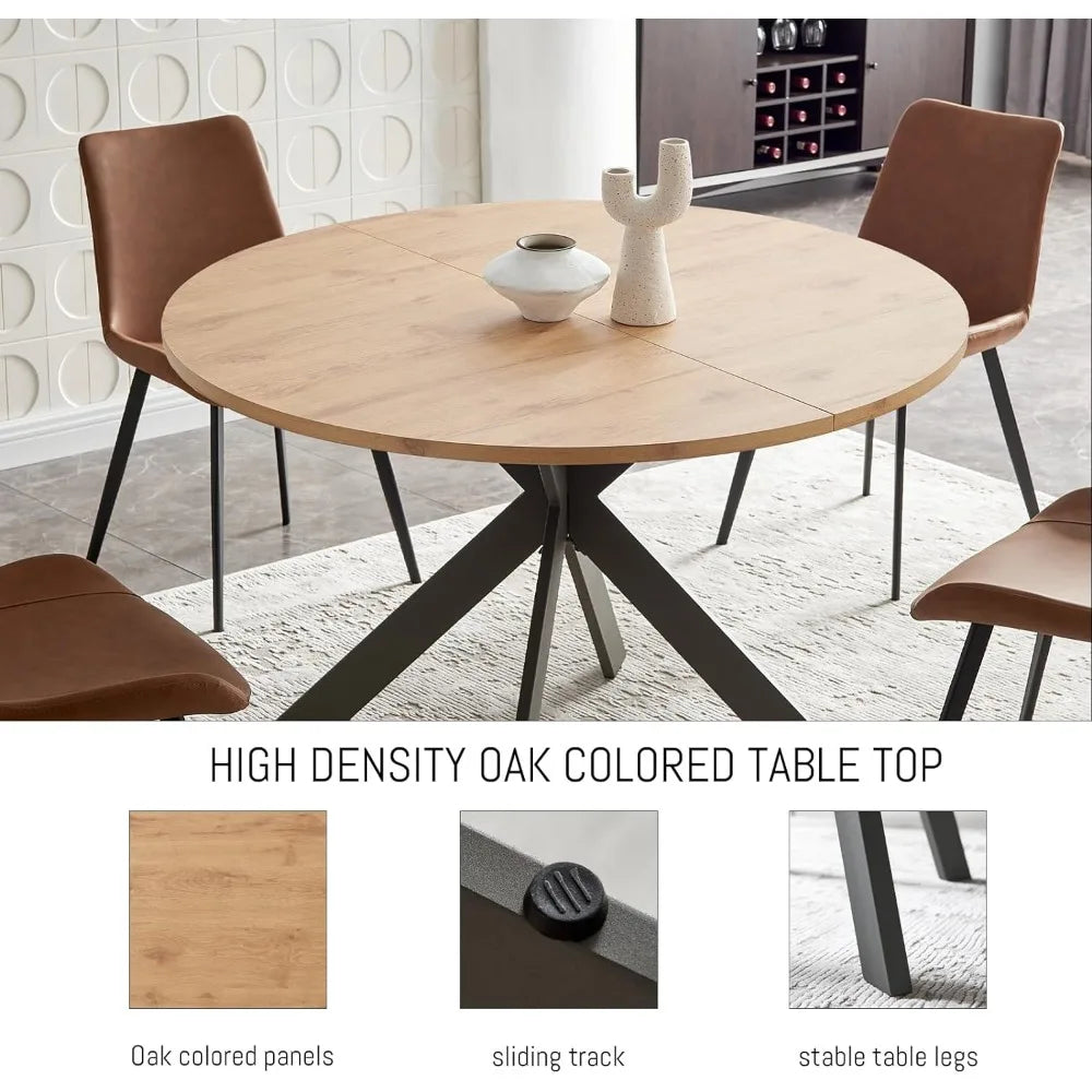 Mid-Century Modern 46" Round Dining Table Set – Solid Pine Wood Table with PU Leather Chairs, Durable MDF Top and Carbon Steel Legs