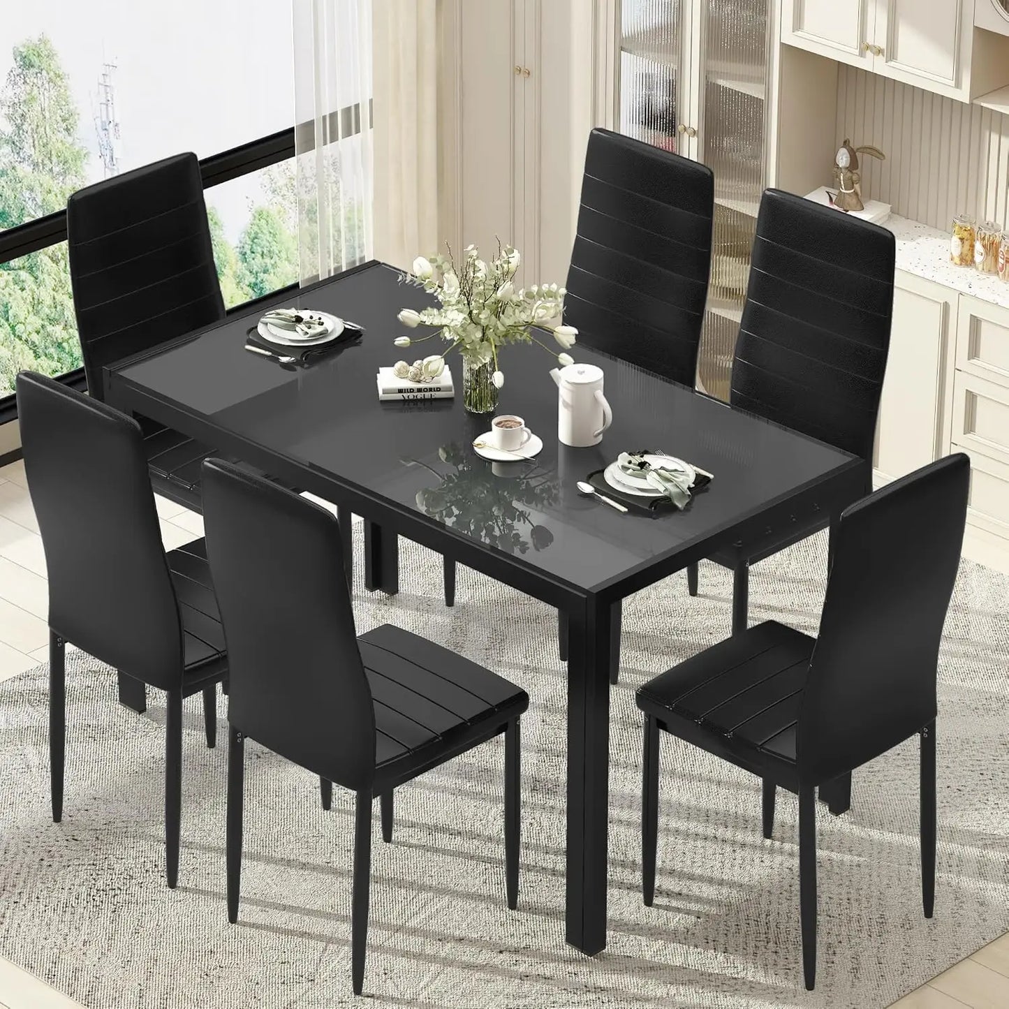 7-Piece Modern Dining Table Set – Rectangular Faux Marble Table with 4 PU Leather Chairs, Space-Saving Design