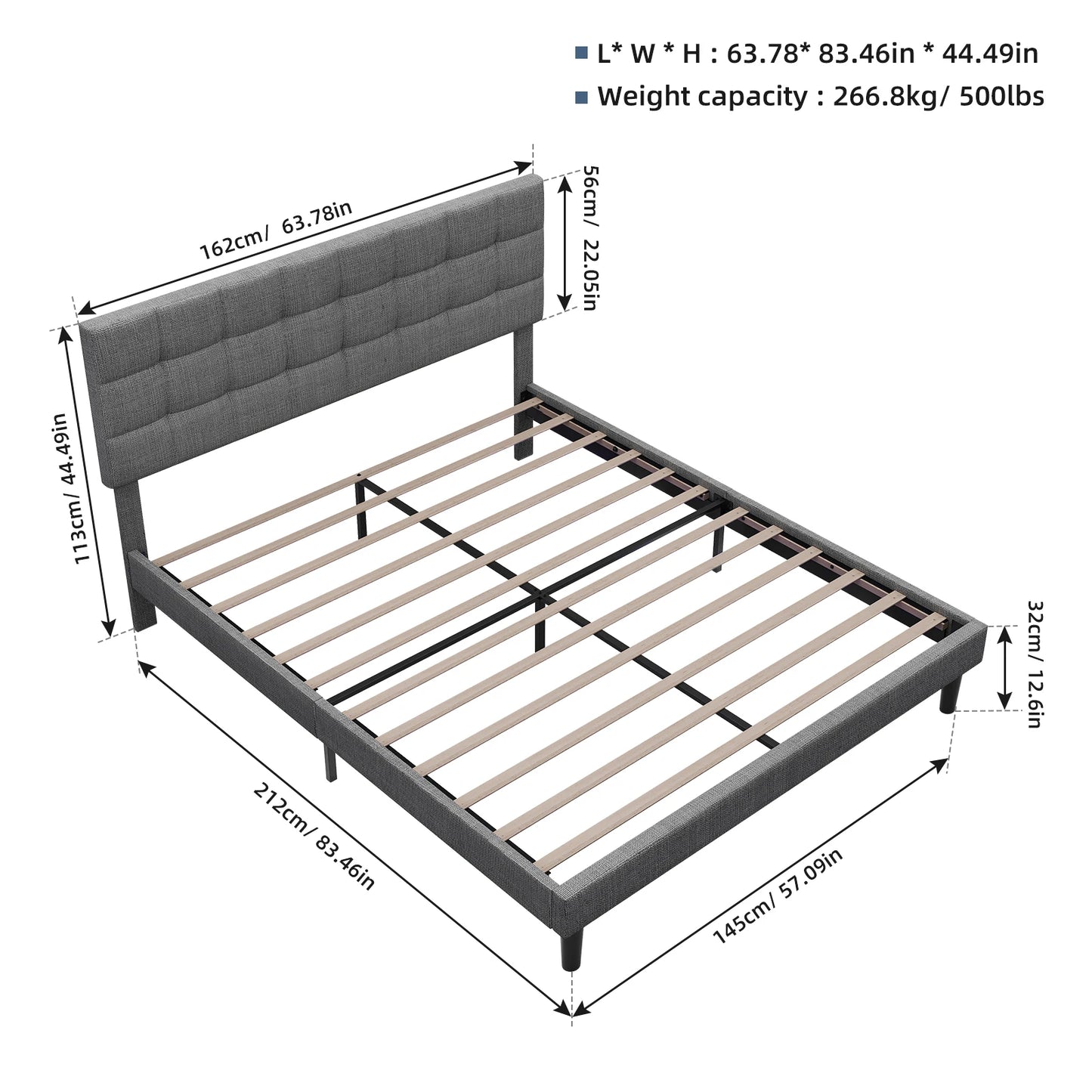 Queen Size Upholstered Platform Bed Frame with RGB Lights - Adjustable Headboard & Strong Slats System