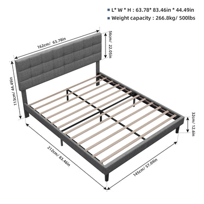 Queen Size Upholstered Platform Bed Frame with RGB Lights - Adjustable Headboard & Strong Slats System