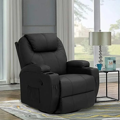 Dark Black Leather Recliner with Cup Holders, Swivel, and Massage Function