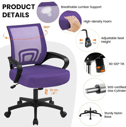 Ergonomic Mesh Office Chair with Lumbar Support - Adjustable Mid-Back Racing Seat