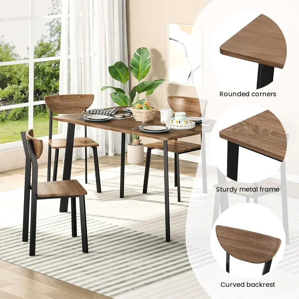 Kitchen Dining Table Set for 4, Modern Rectangular 5 Piece Dining Room Table and Chairs Set, Brown wooden Metal Table Set
