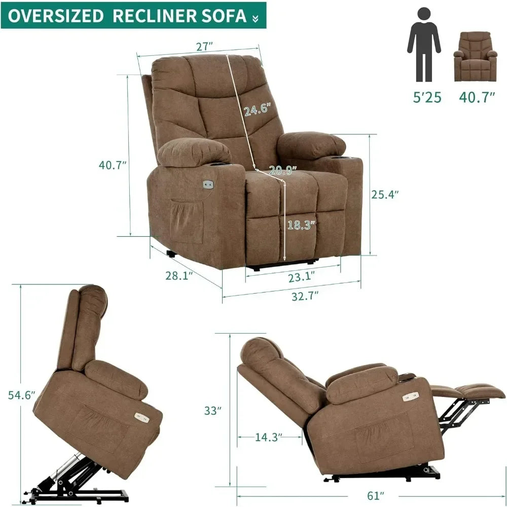 Power Lift Recliner Chair with Vibrational Massage, Lumbar Heating, and USB Ports for Elderly and Adults