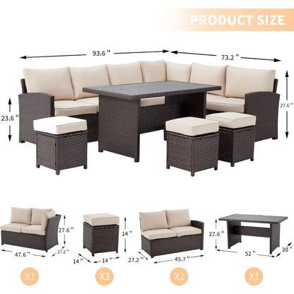 7-Piece Rattan Patio Furniture Set – Outdoor Sectional with Dining Table, Cushions, and Non-Slip Foot Pads