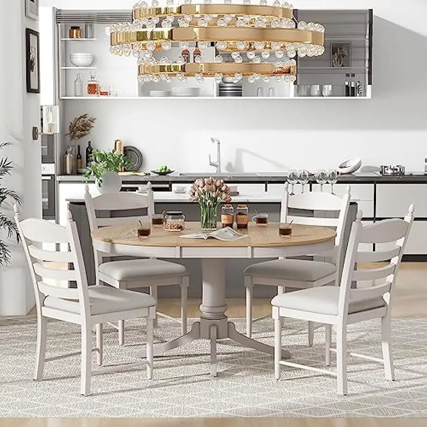 5-Piece Extendable Dining Set – Retro Solid Wood Table with 4 Ladder-Back Chairs, Woven Fabric Cushions, Off White