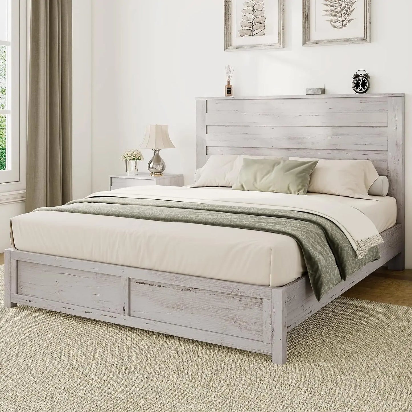 Vintage Farmhouse Bed Frame - Sturdy Platform Design with No Box Spring Needed