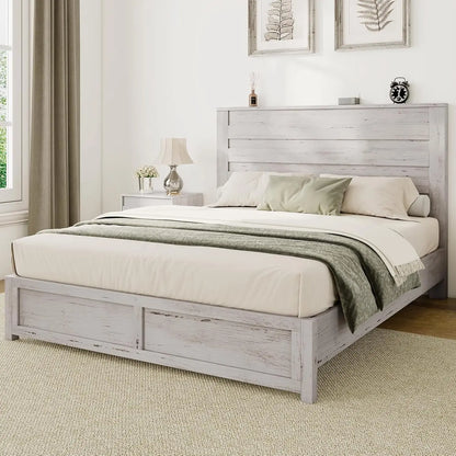 Vintage Farmhouse Bed Frame - Sturdy Platform Design with No Box Spring Needed
