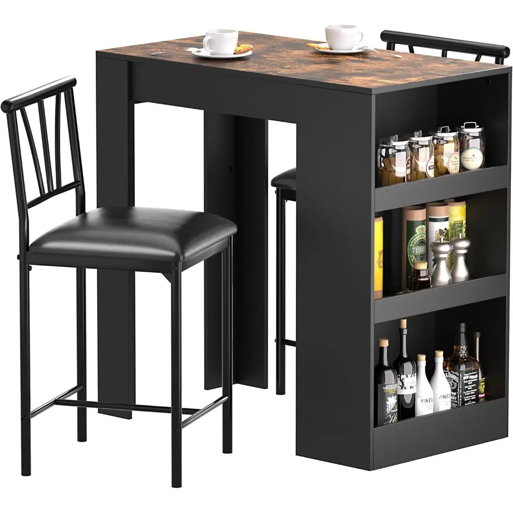 Retro Wooden 3-Piece Dining Table Set with Storage and Padded Bar Stools