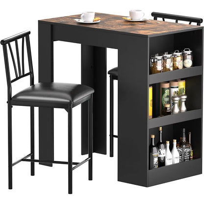 Retro Wooden 3-Piece Dining Table Set with Storage and Padded Bar Stools