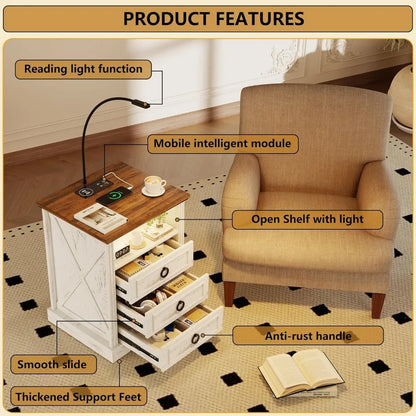 Modern Minimalist Nightstands with Charging Station and Flexible Reading Lamp