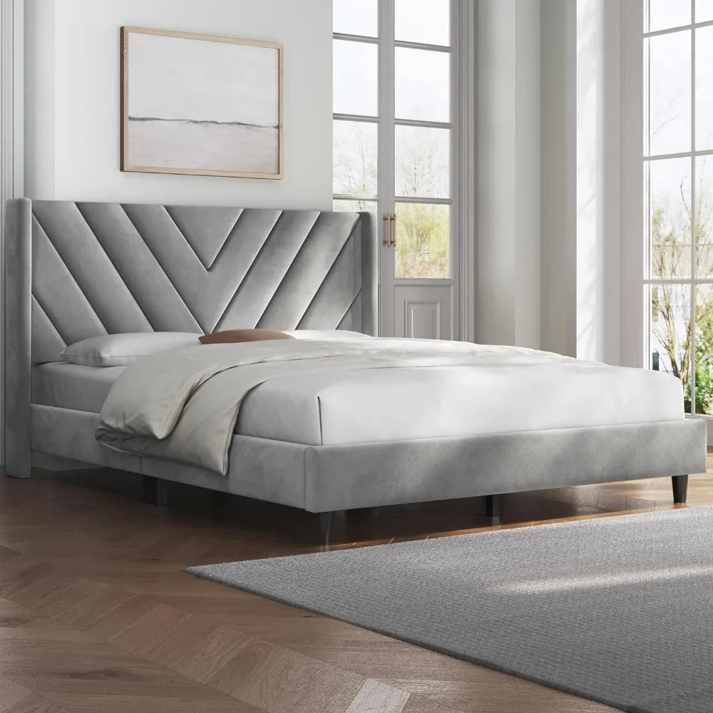 Velvet Upholstered Platform Bed with Wing Side Design – Sturdy, Squeak Resistant Frame, Foam-Padded Headboard, No Box Spring Needed