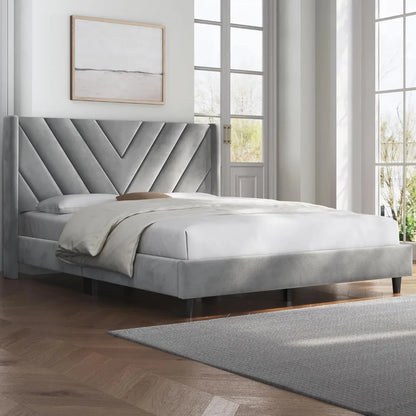Velvet Upholstered Platform Bed with Wing Side Design – Sturdy, Squeak Resistant Frame, Foam-Padded Headboard, No Box Spring Needed