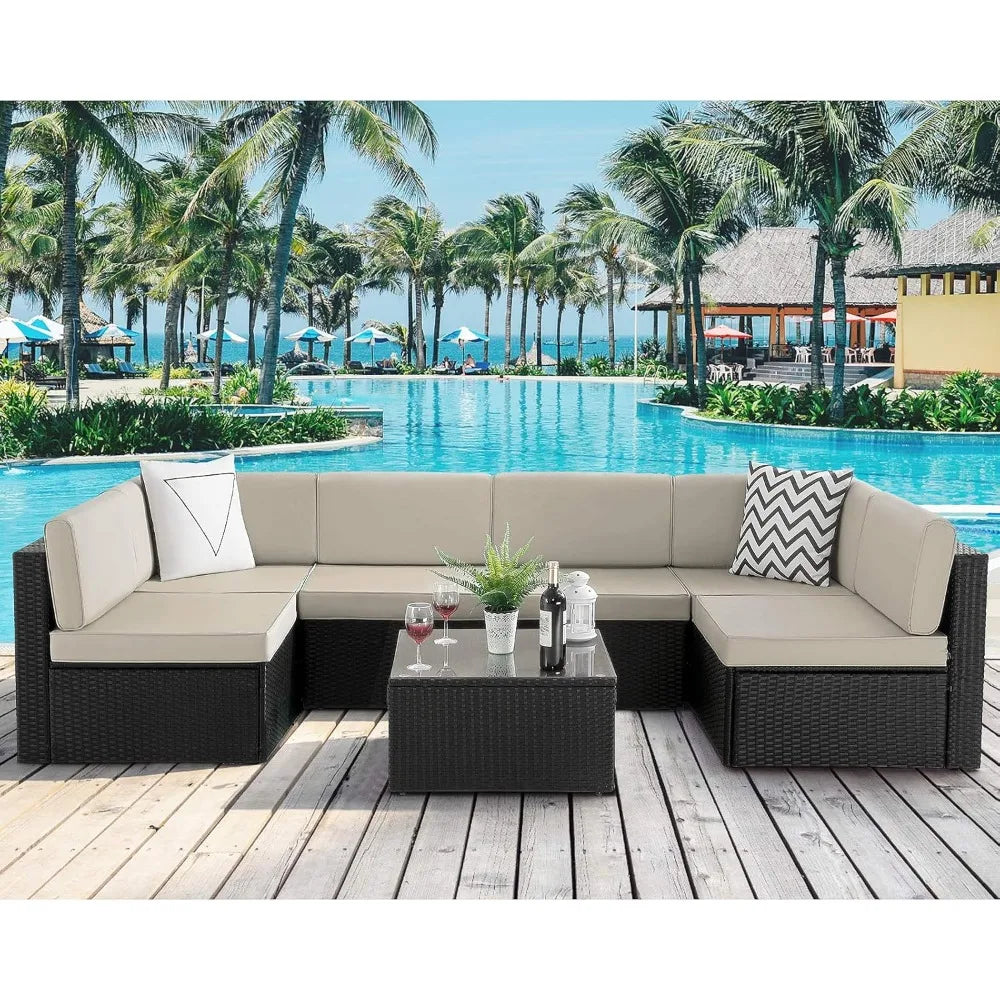 7-Piece Outdoor Patio Furniture Set – PE Rattan Sofa Set with Glass-Top Coffee Table, Cushioned Seating for 6+