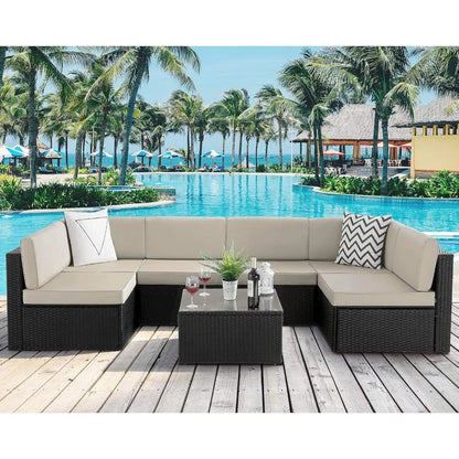 7-Piece Outdoor Patio Furniture Set – PE Rattan Sofa Set with Glass-Top Coffee Table, Cushioned Seating for 6+