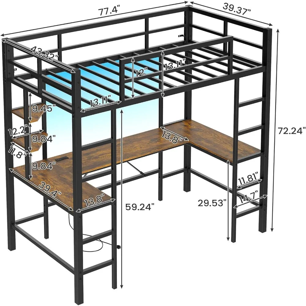 Twin Loft Bed with Desk and Outlets - Space-Saving Design with LED Lights
